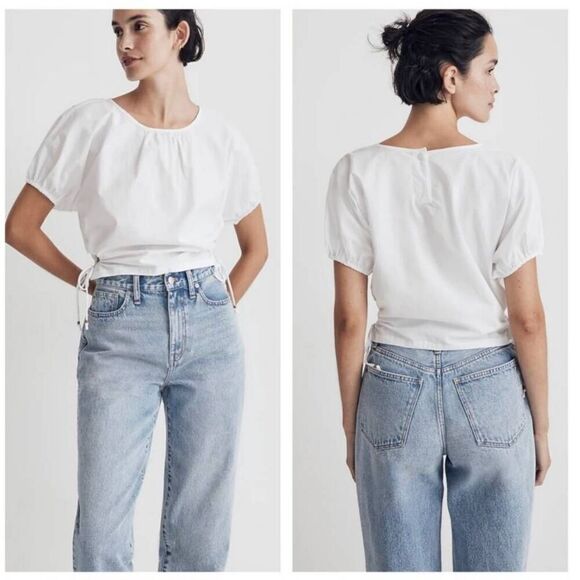 Madewell Jewel Poplin Puff Sleeve Cutout Crop Top Blouse Sz XS NWT - Picture 3 of 10